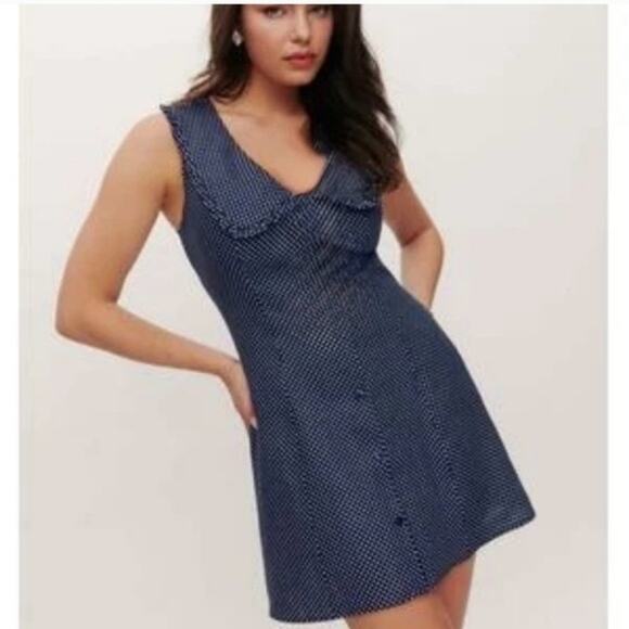 NWT Caroline Constas Gabriella  Preppy Linen Blue, White Polka Dot Dress, Size 4 - Picture 11 of 11